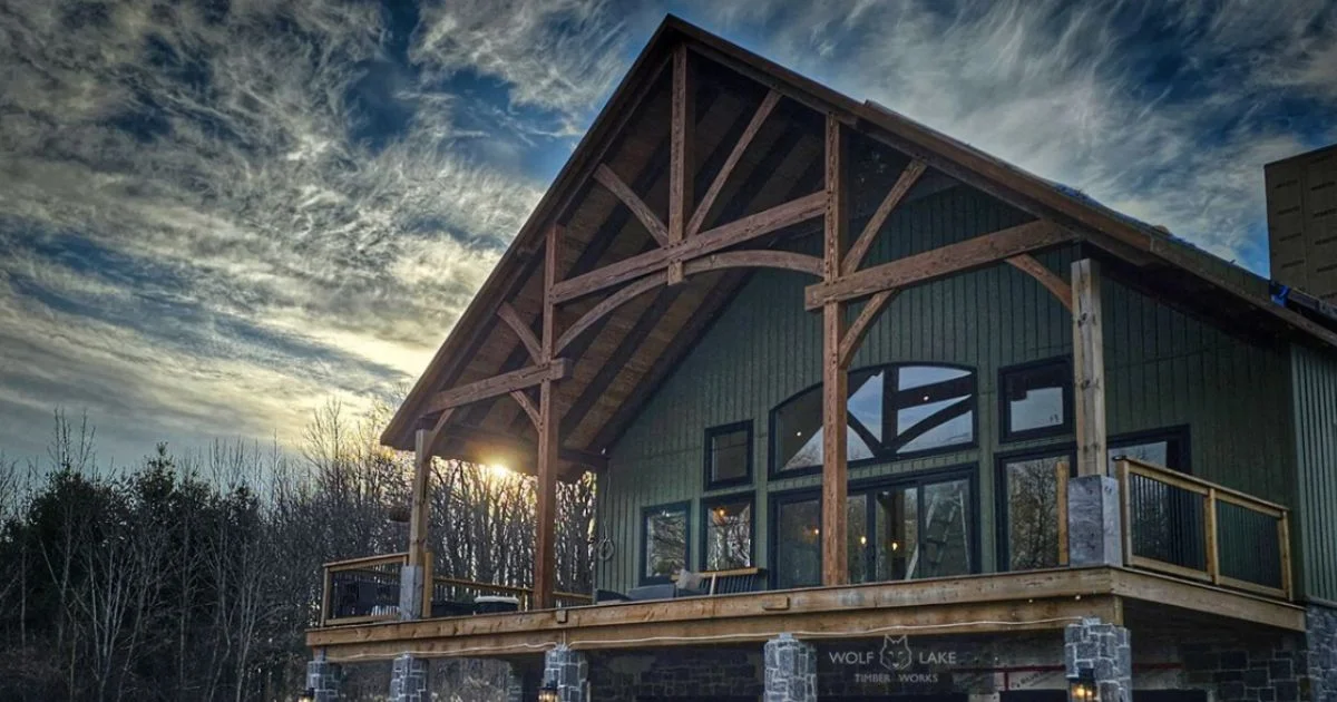 Timber frame front entry on green house